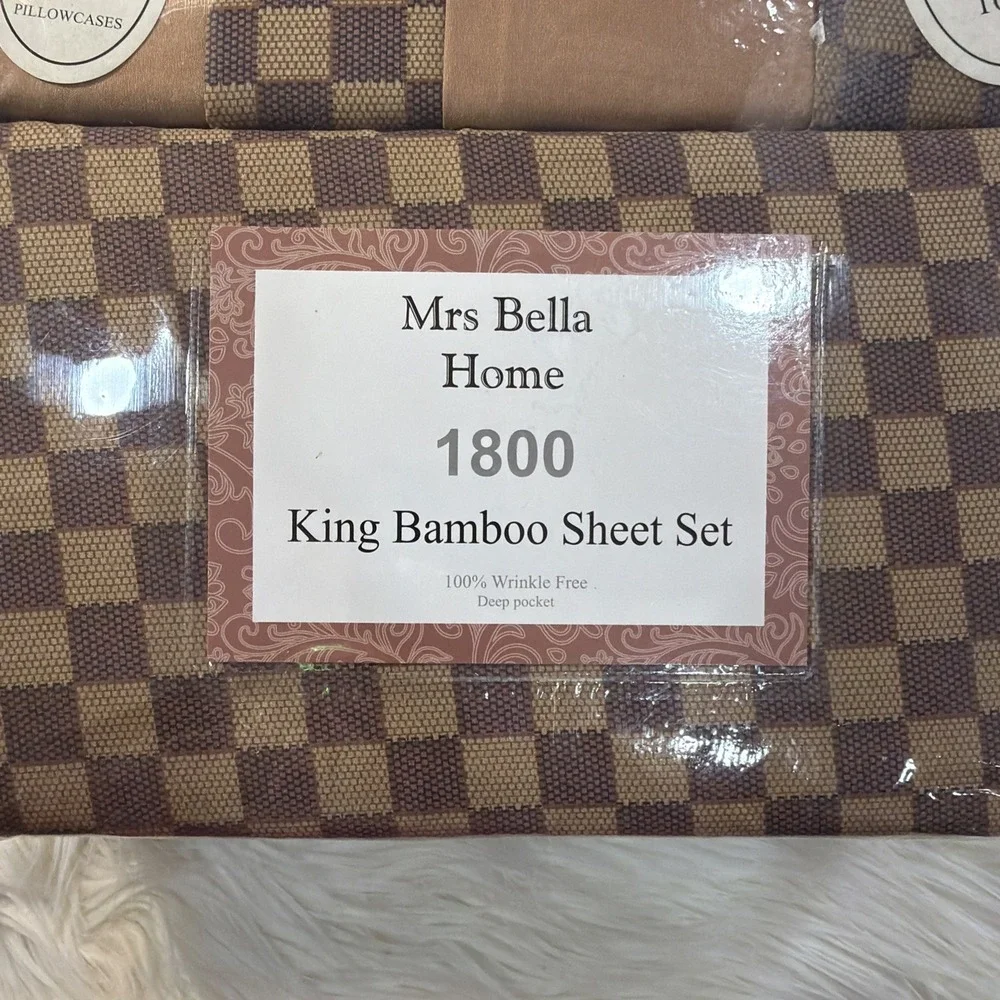 Mrs Bella Home King Bamboo Sheet Set 4-Piece Brown Check Pattern